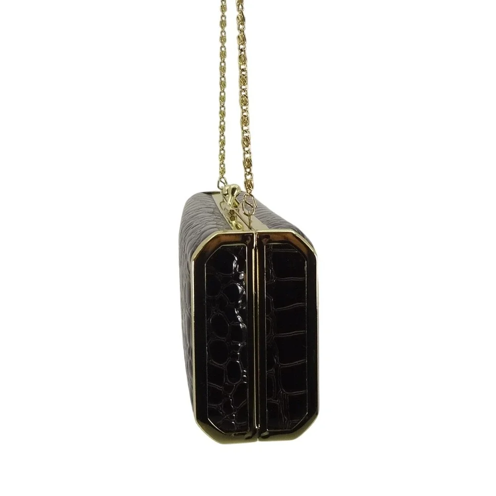 Sasha Black Faux Croc Patent Box Clutch‎ Gold Chain Evening Bag Handbag